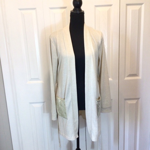 Daisy Fuentes Womens Tan Sequin Pocket Belted Cardigan Sweater Size Medium - Picture 3 of 8